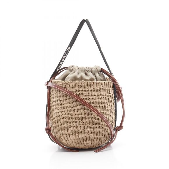 Chloe Raffia Woody Logo Brown Leather Beige Black Shoulder Canvas Bag - Picture 2 of 4